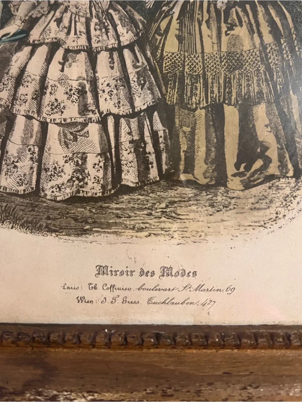 Pair of Antique Miroir des Modes French Fashion Framed Victorian Lithographs